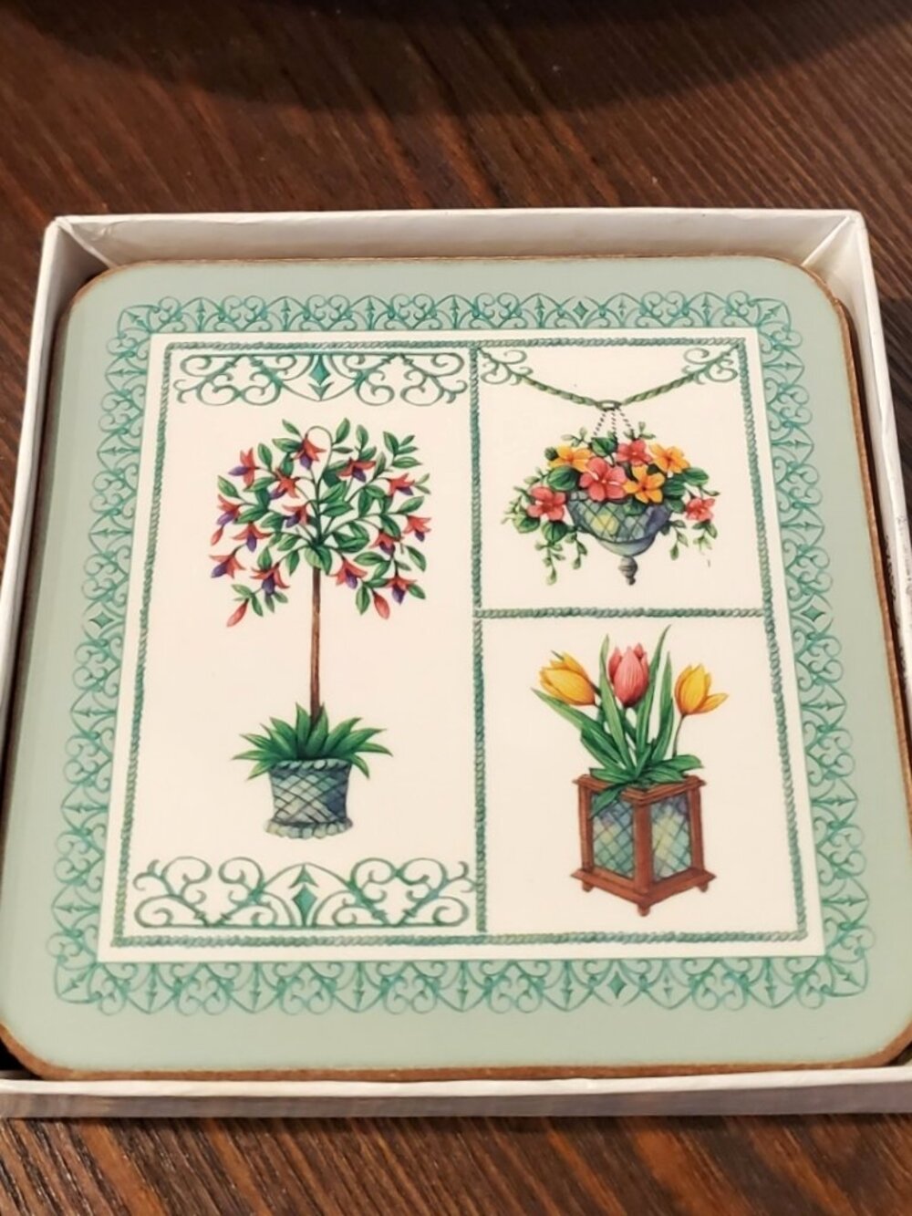 Aynsley Garden Coasters Acrylic Cork Back Square Planter Flower Set of 4 England